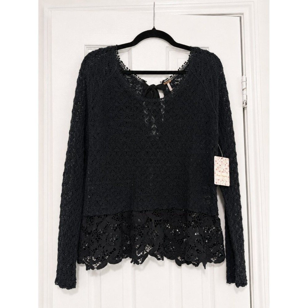 NWT Free People Tie Back Crochet Lace Top Black Boho Romantic Cottagecore Large